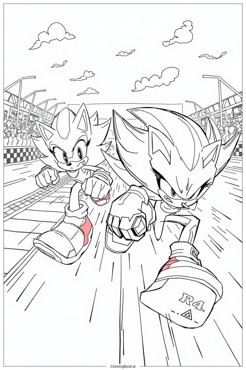  Página para colorir de sonic e shadow correndo na pista-2 