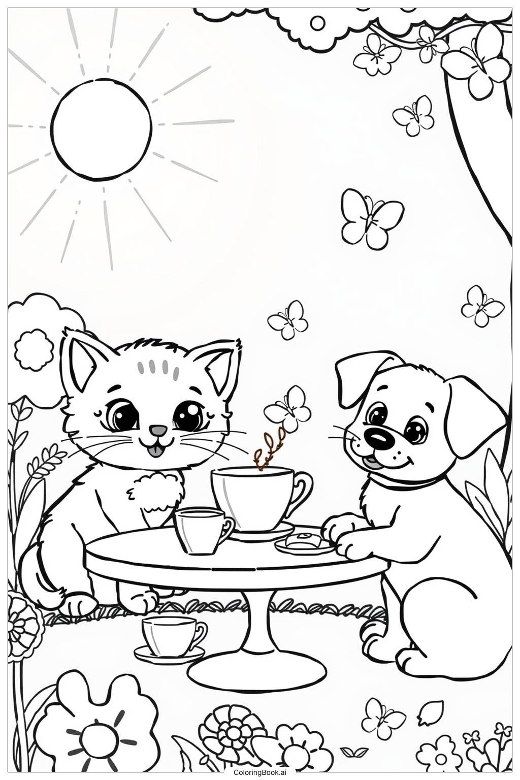  Page de coloriage Chatons dans un paysage coloré et fantaisiste 