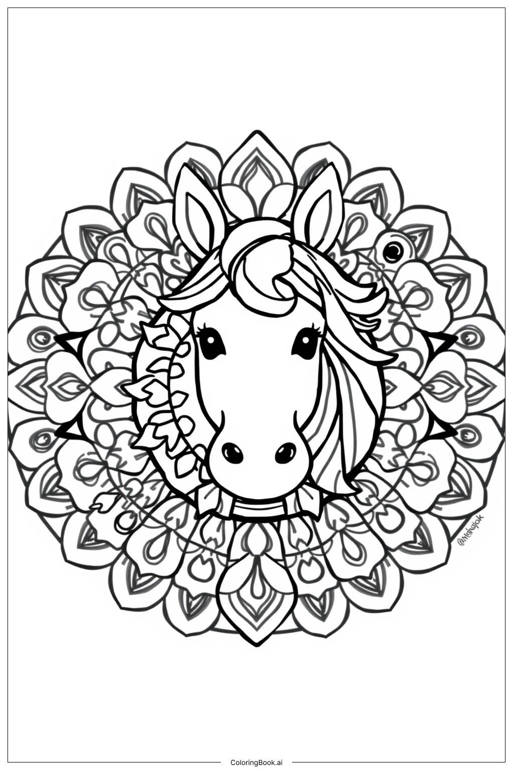  Página para colorear de Diseño de Mandala de Cabeza de Caballo 