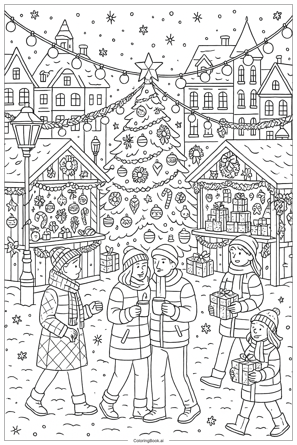 A Cozy Christmas Market Scene At Night Coloring Page 