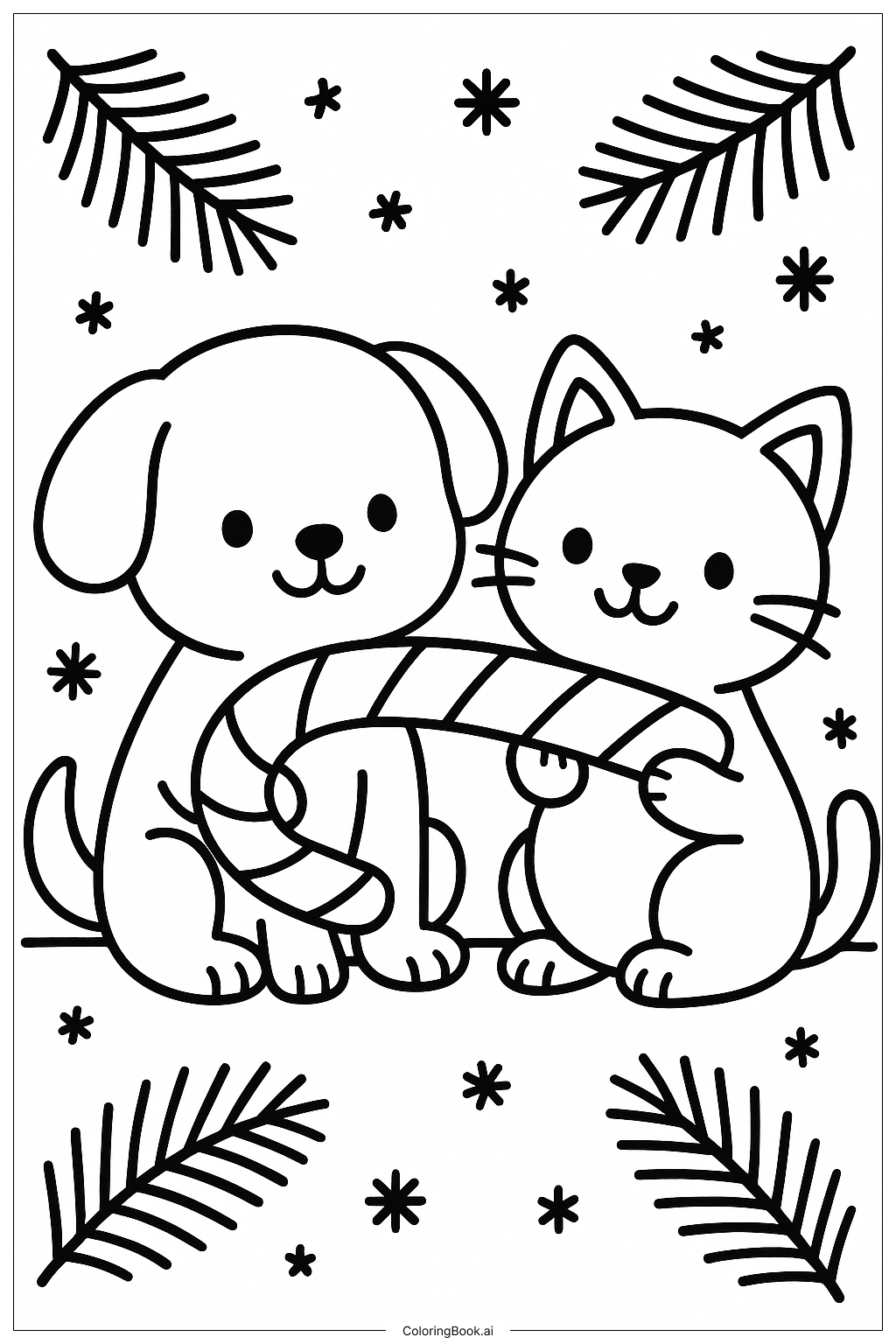  Cute Animals Sharing A Candy Cane Coloring Page 