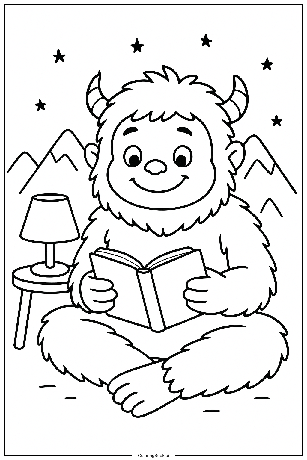  Page de coloriage Yéti lisant un livre à la lumière d'une lampe 