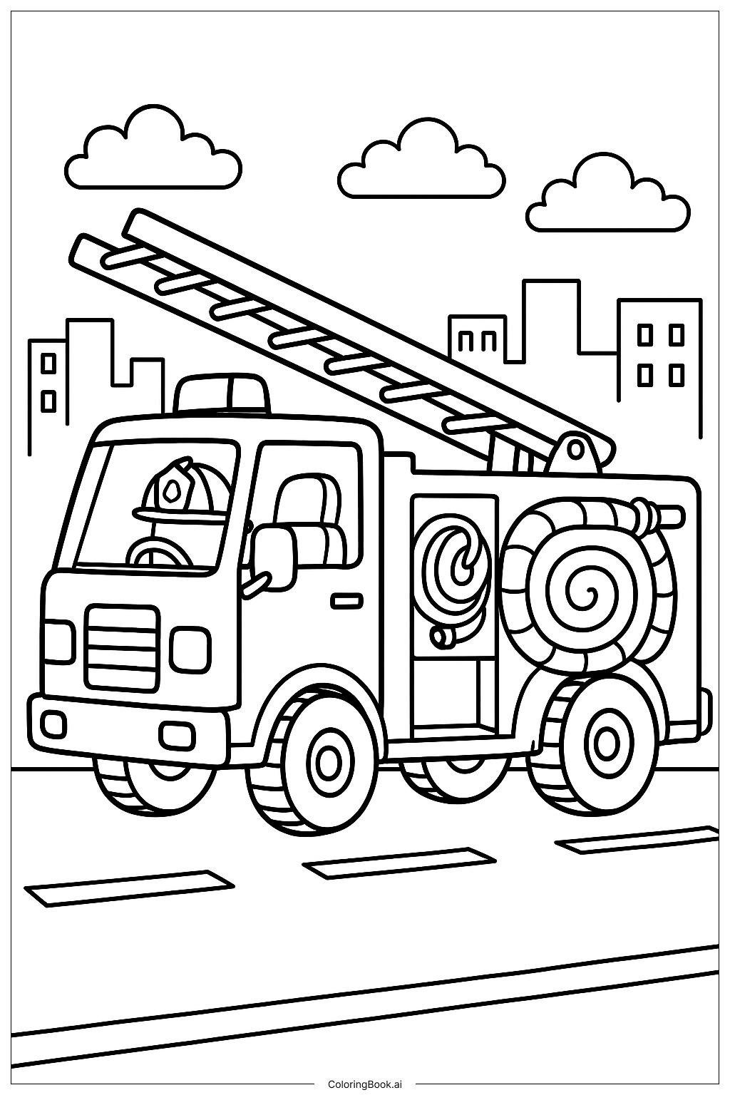  Page de coloriage Camion de pompiers avec détails réalistes des tuyaux 