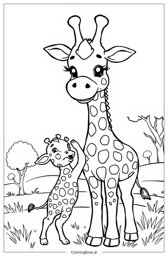  Giraffe Mother and Child Coloring Page 