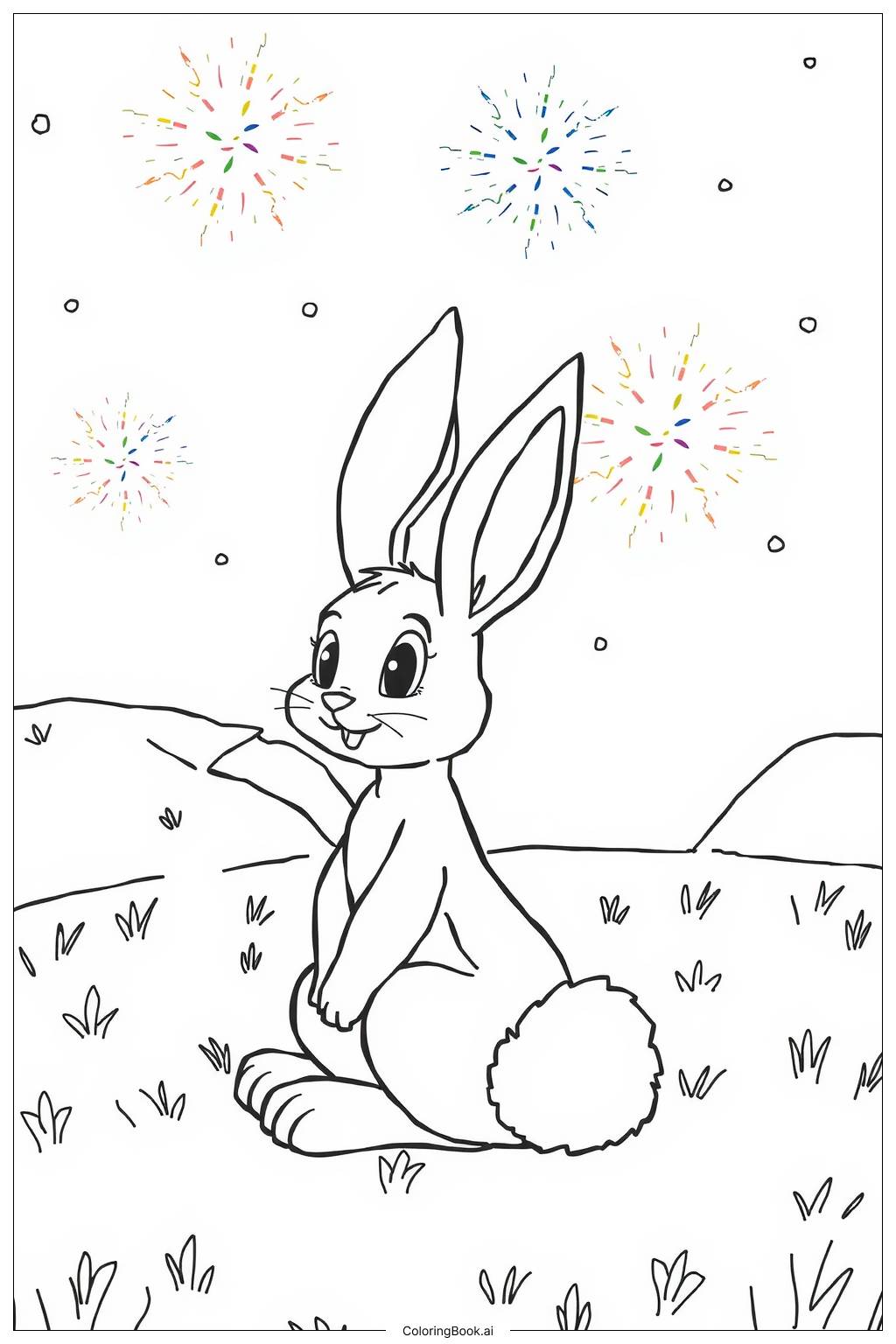  Bunny Enjoying Fireworks for New Year Coloring Page 