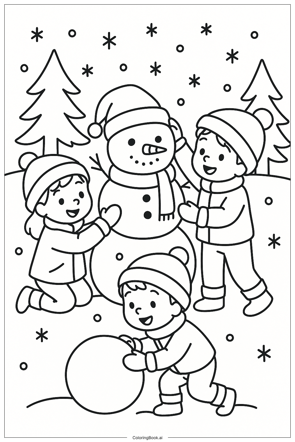 Página para colorear de Niños Construyendo un Muñeco de Nieve con Sombrero de Invierno