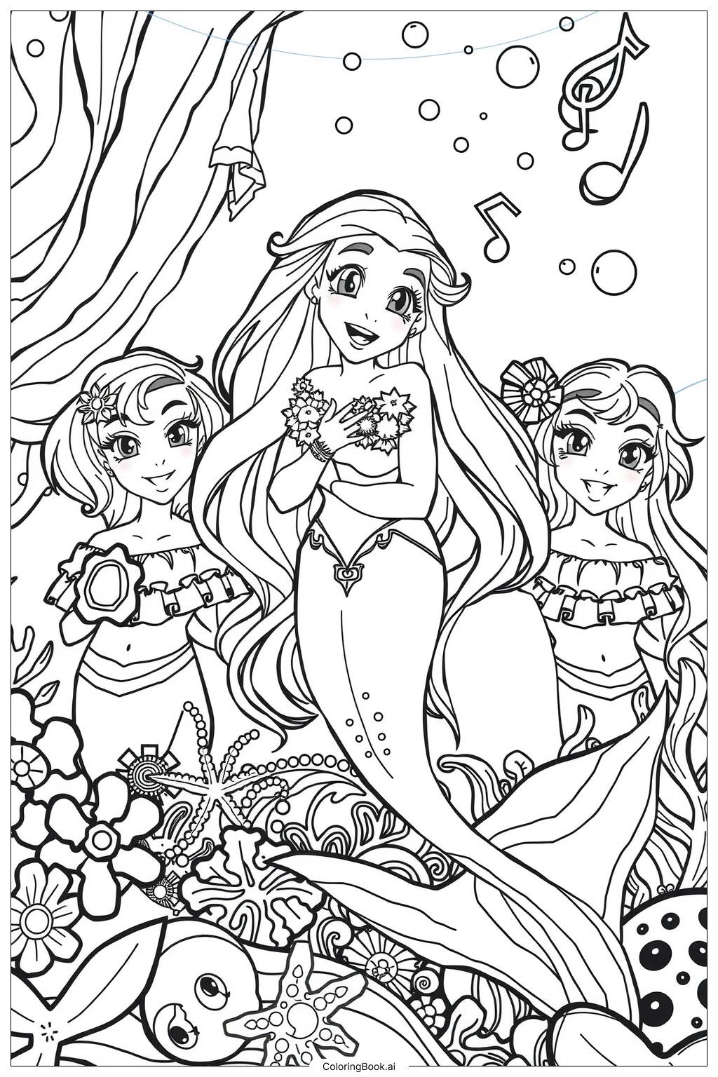  Page de coloriage Ariel et ses sœurs chantant ensemble-2 