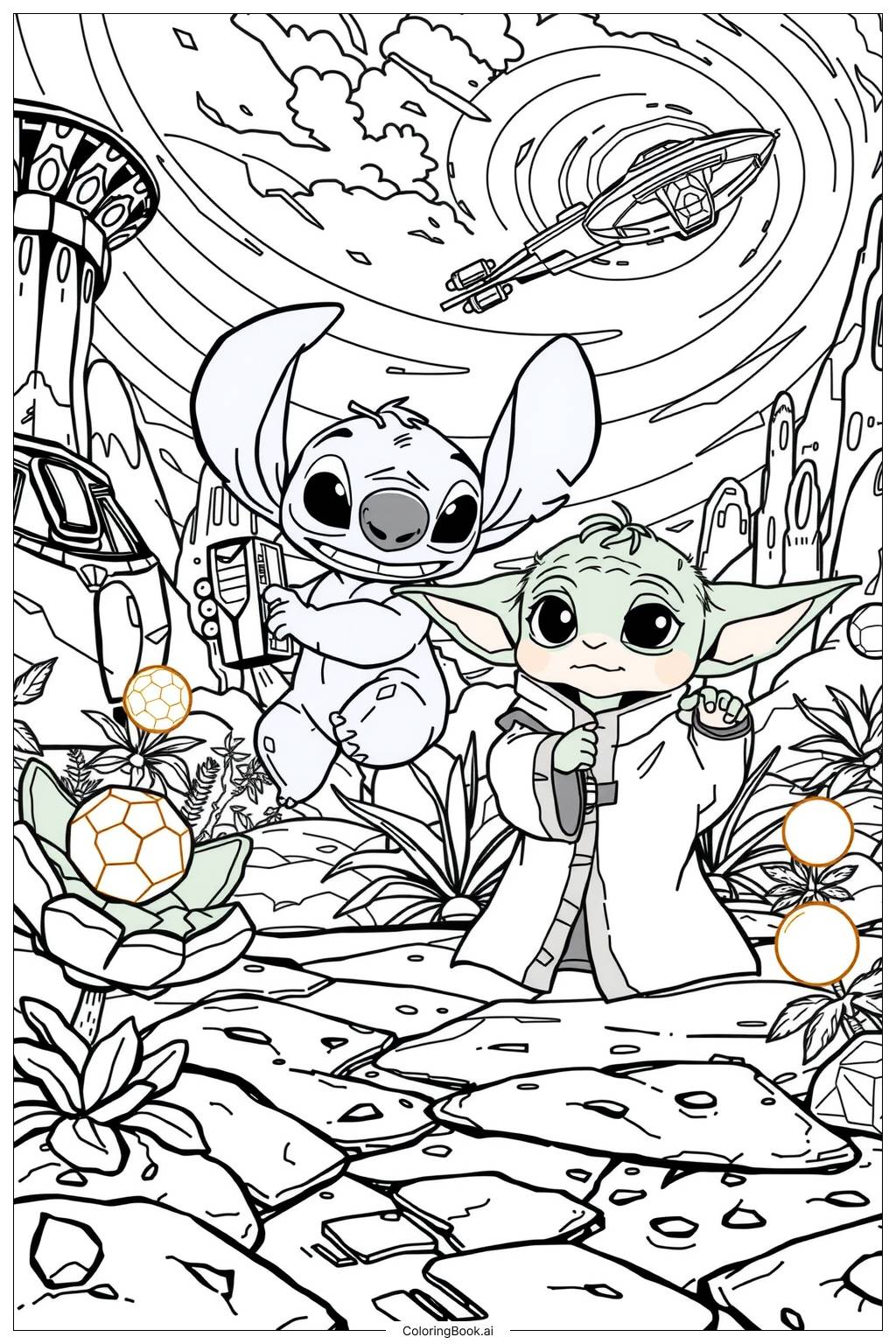  Página para colorir de Aventura de Stitch e Baby Yoda 