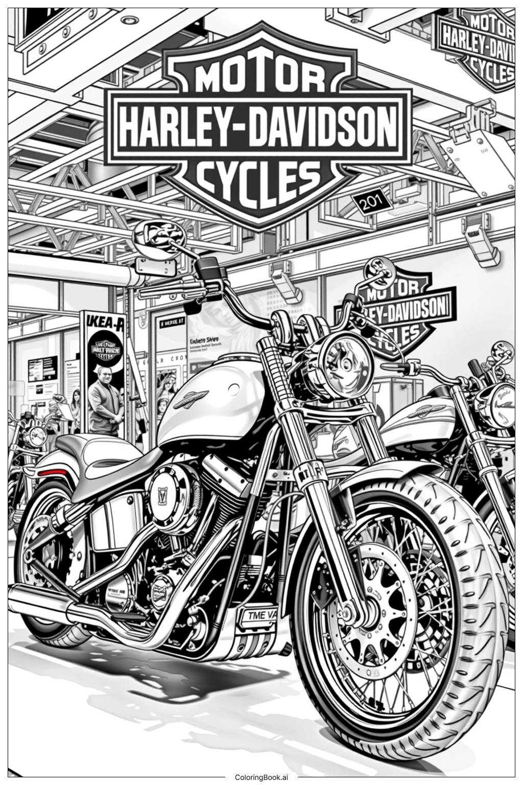  Página para colorear de Exposición de motocicletas Harley Davidson personalizadas 