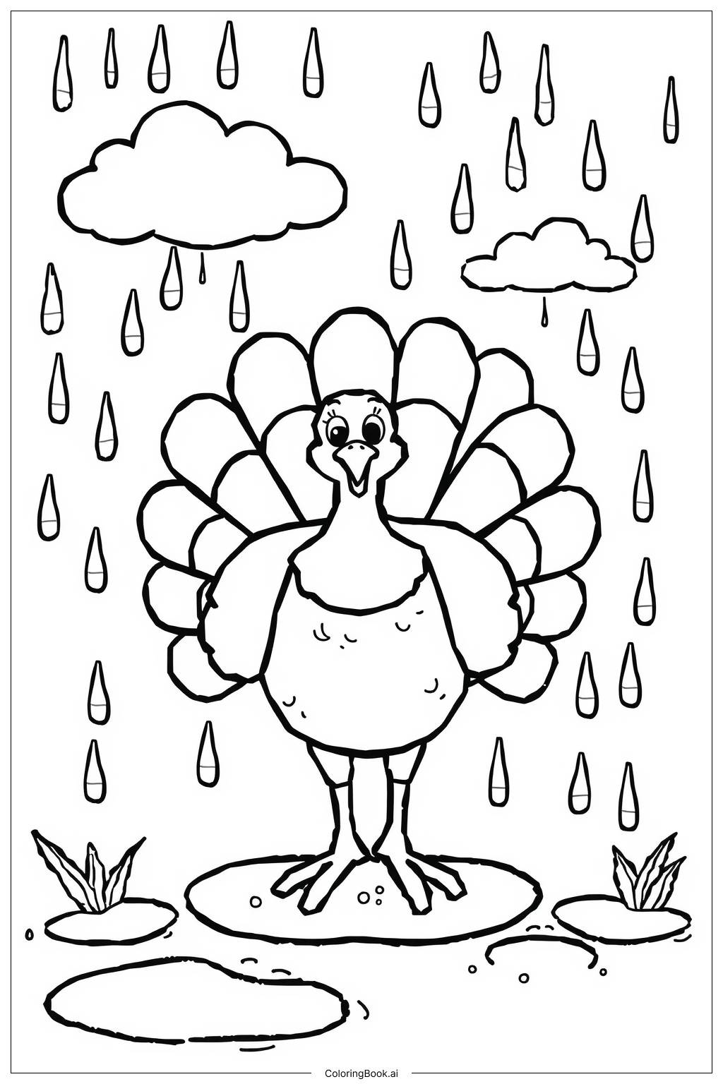  Turkey Playing Rain Coloring Page 