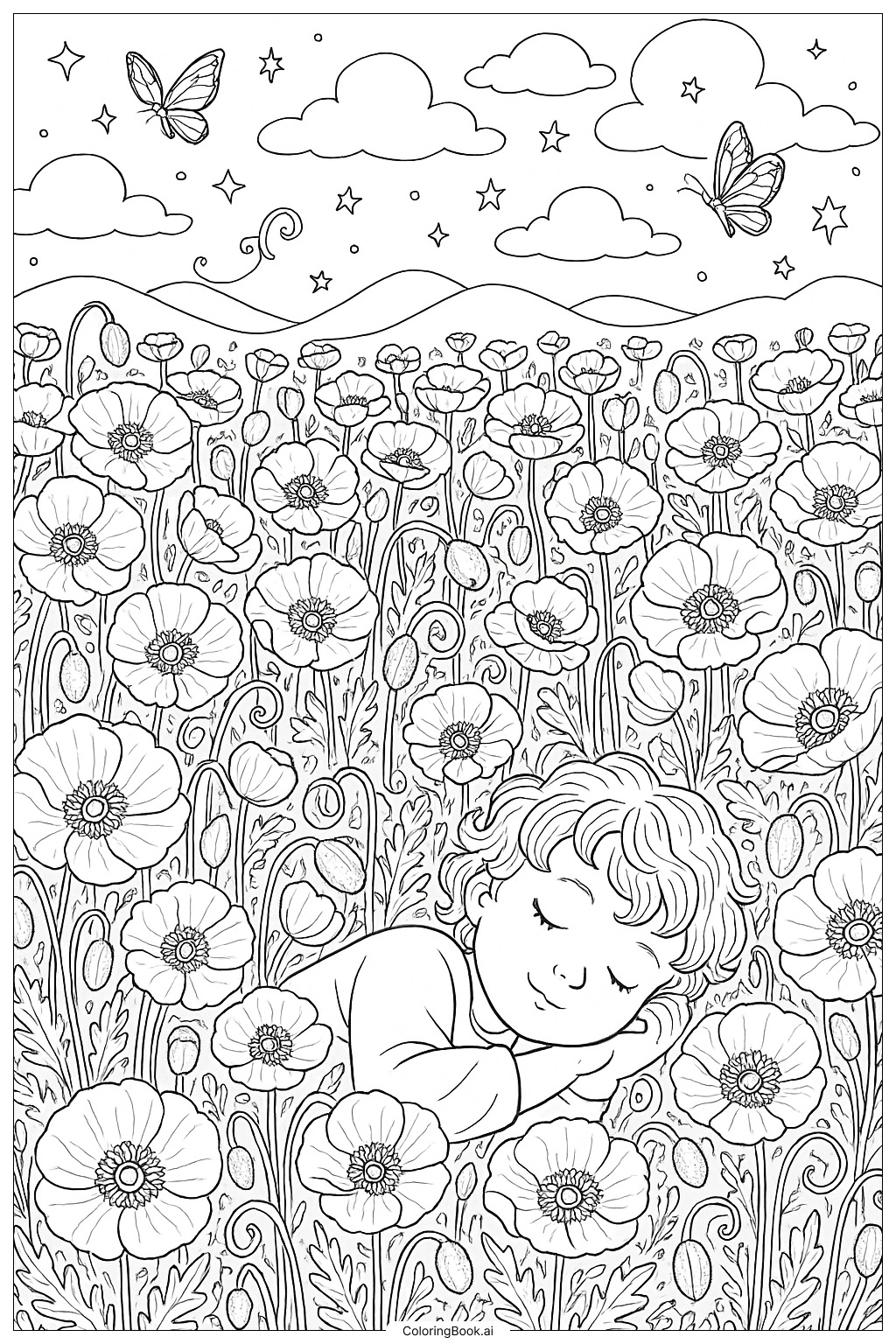  Trang tô màu Ngủ Trong Cánh Đồng Hoa Anh Túc Thần Tiên 