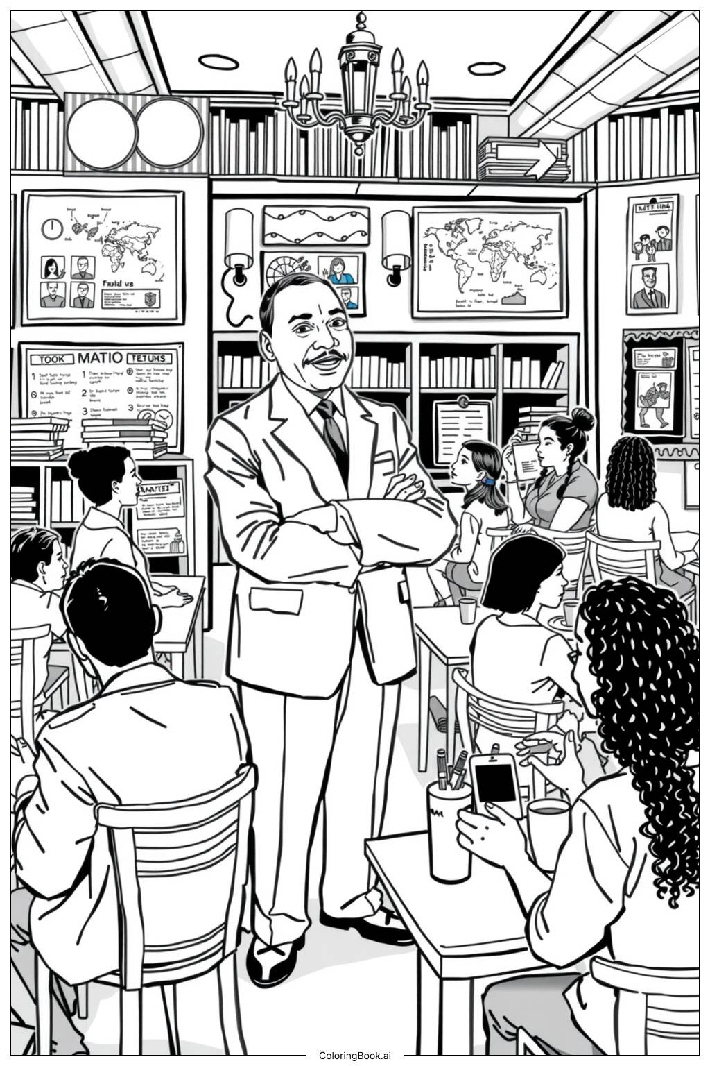  Page de coloriage Martin Luther King visitant un centre communautaire 