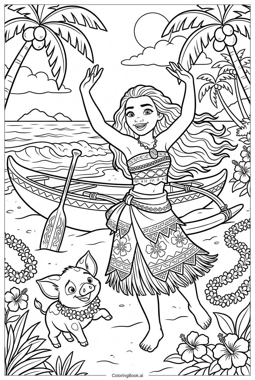  Moana Dancing Joyfully Beside Outrigger Canoe Coloring Page 