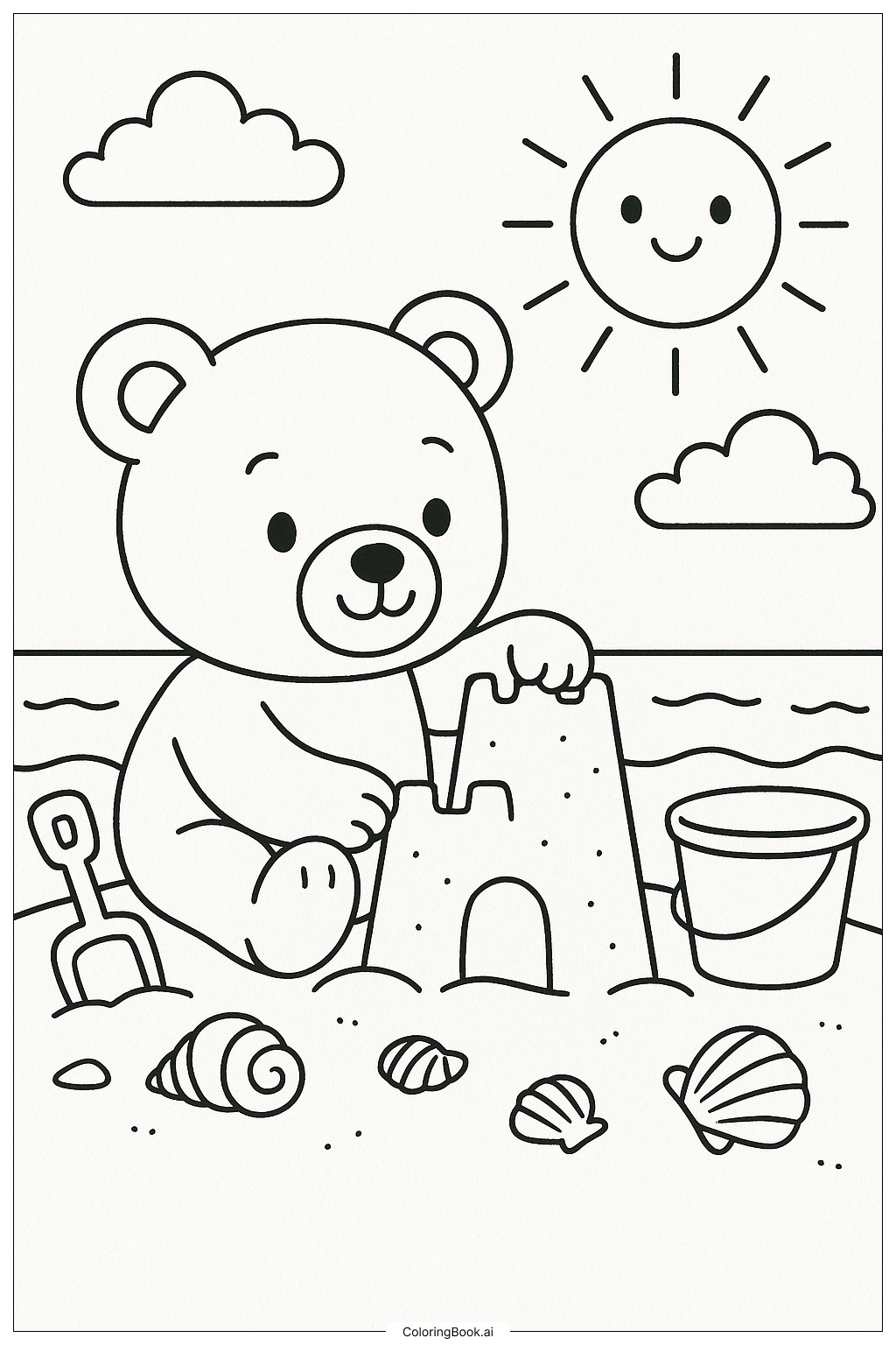  Teddy Bear Building A Sandcastle At The Beach Coloring Page 