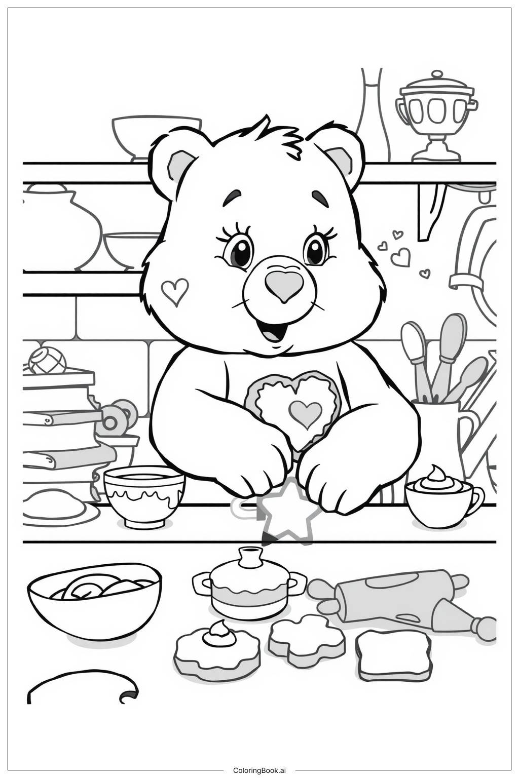  Página para colorear de Care Bear horneando galletas en una cocina-2 