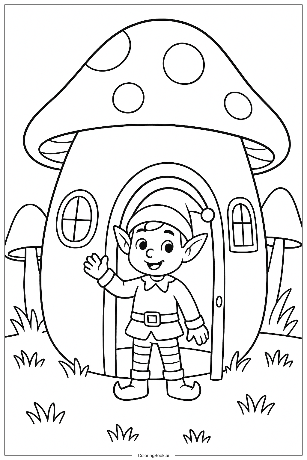  Página para colorir de Elfo em uma Casa de Cogumelo 