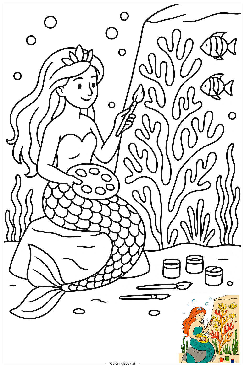  美人鱼艺术家绘制珊瑚壁画填色页 