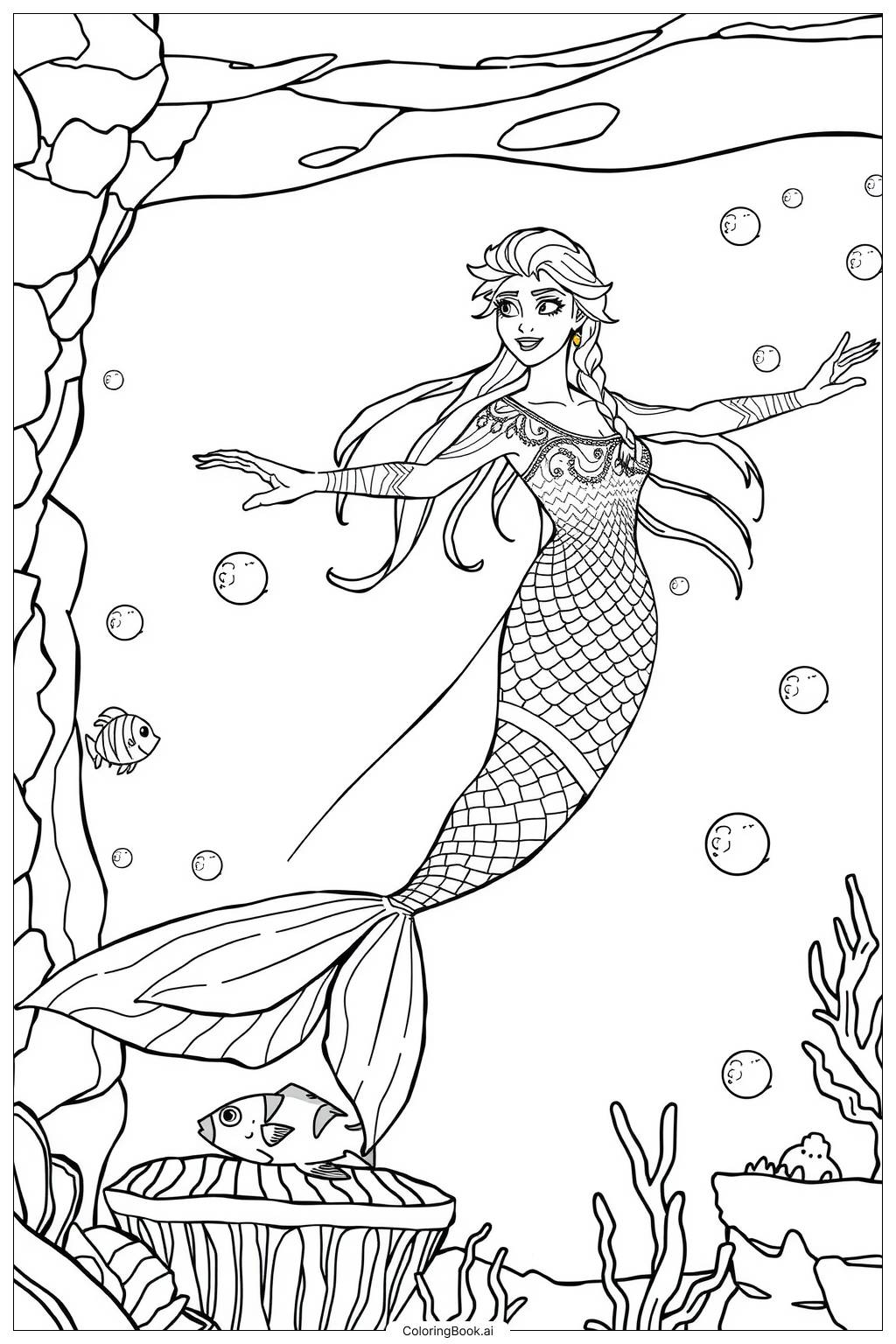  Elsa's Transformation into a Mermaid-2 Coloring Page 