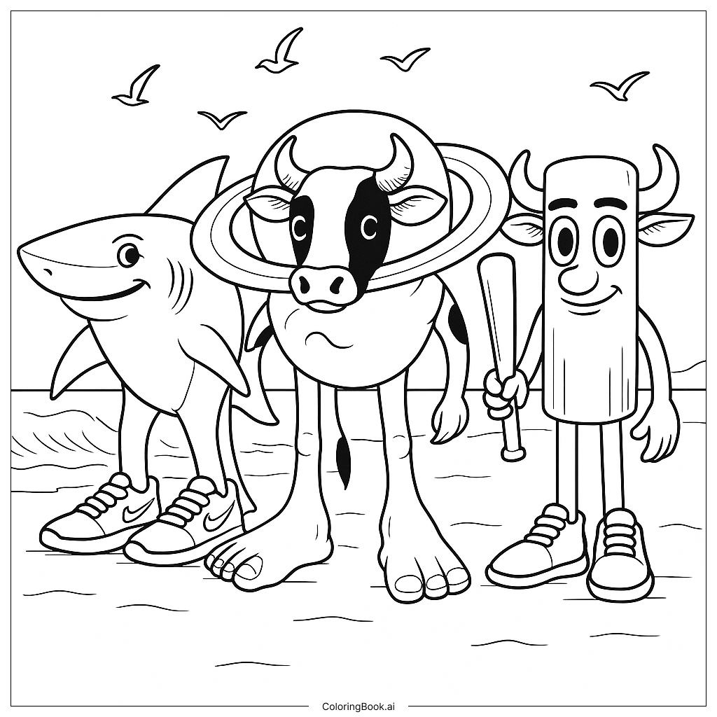  Tralalero Tralala and His Friends Standing on Beach Coloring Page 