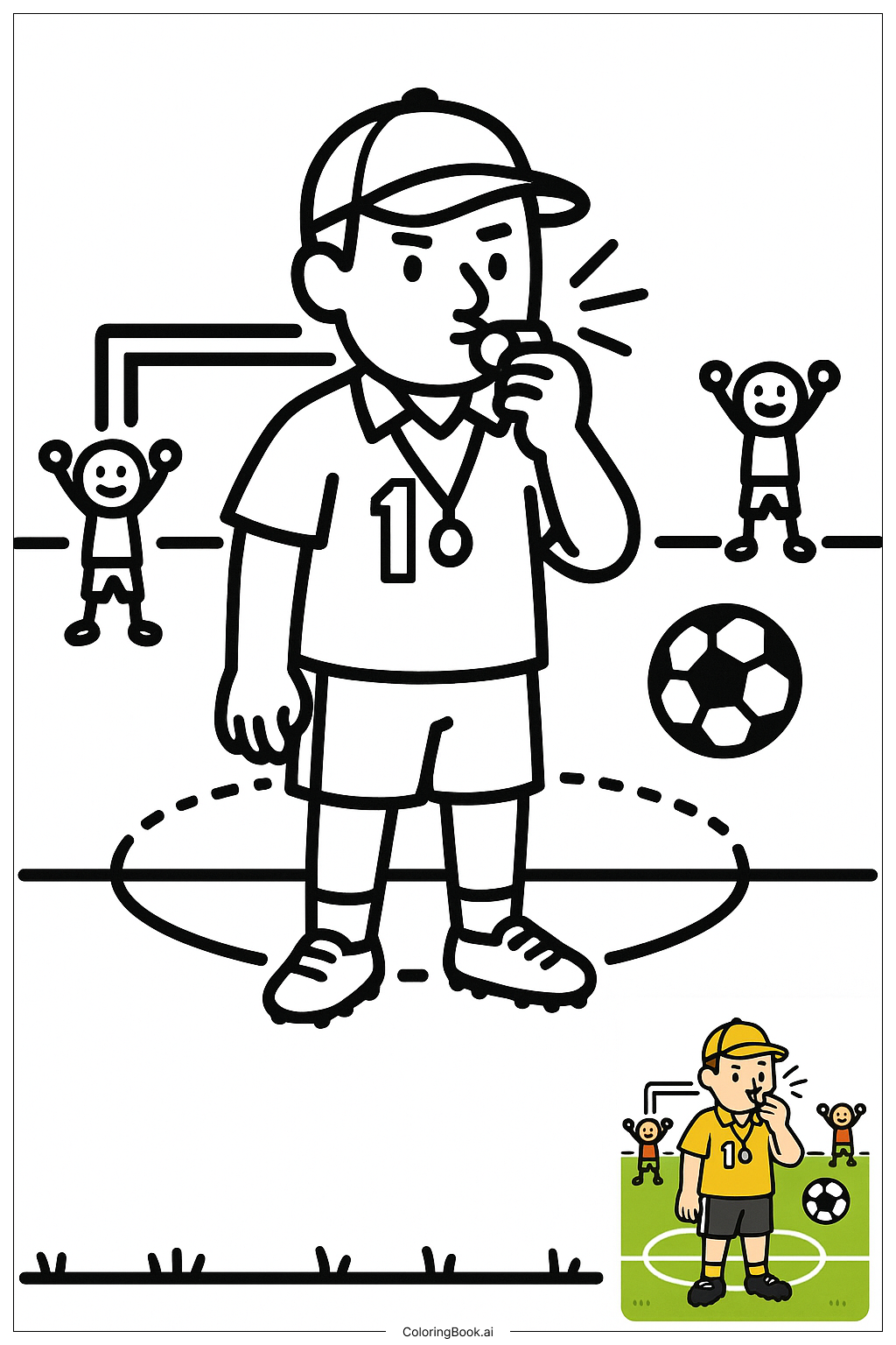  Page de coloriage Entraîneur de Football Soufflant dans un Sifflet 