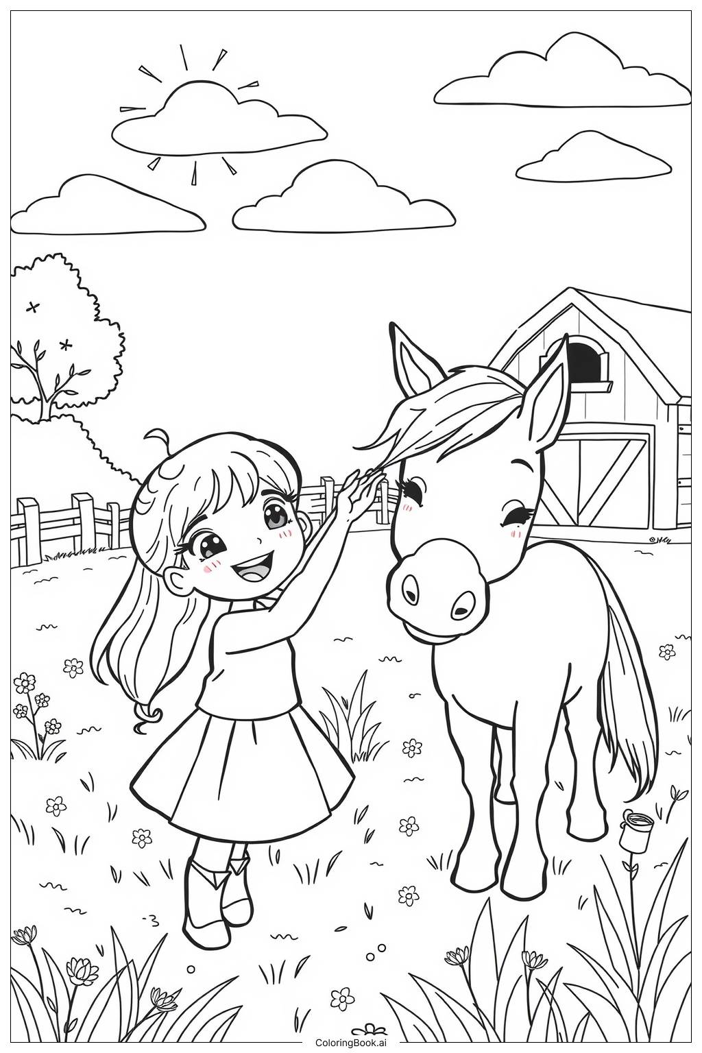  Página para colorear de Niña cuidando a su caballo 