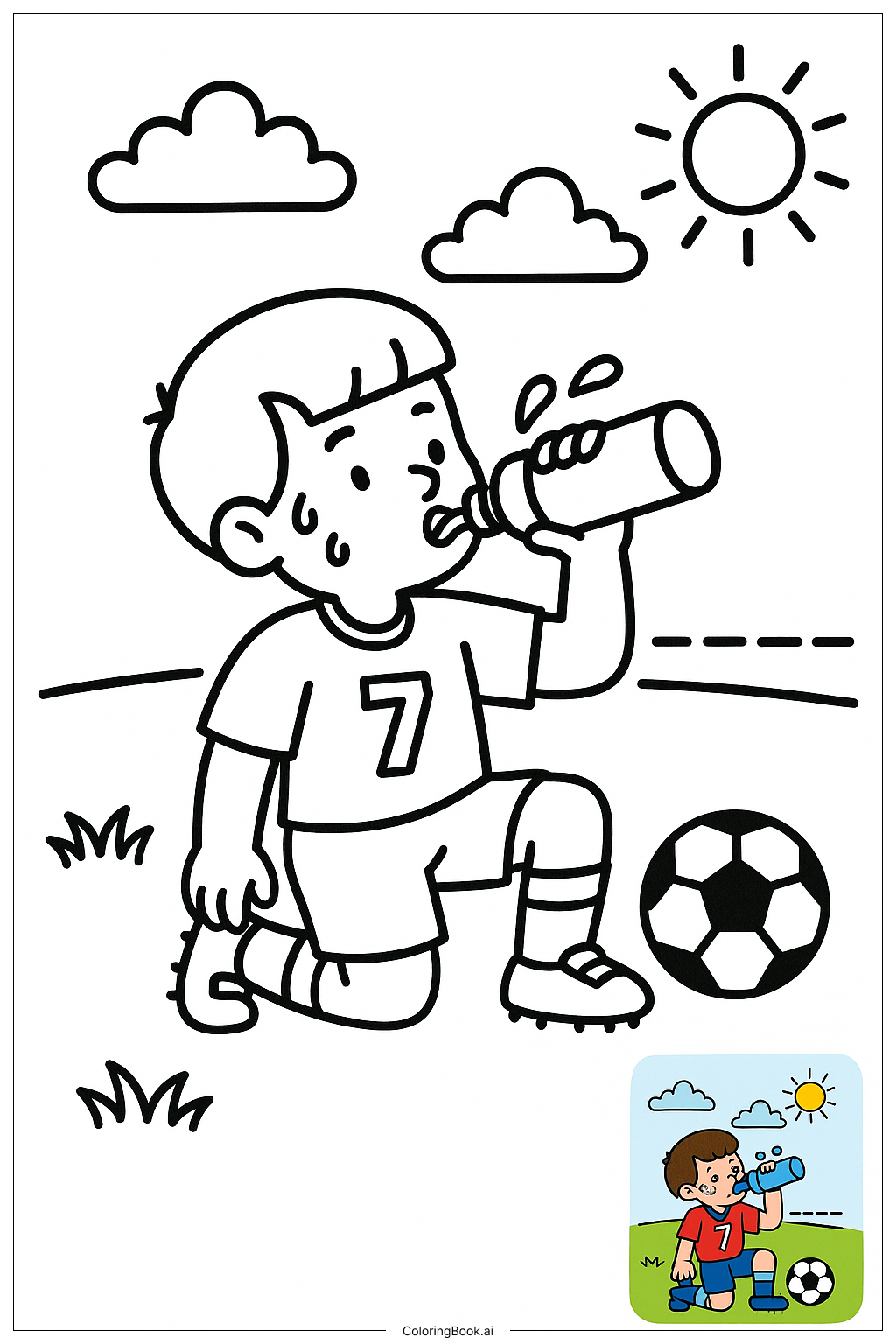  Page de coloriage Joueur de football buvant de l'eau 