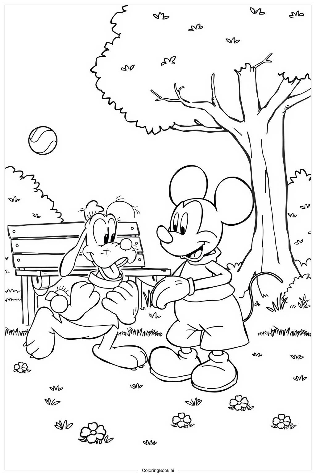  Mickey Mouse and Pluto Playing-2 Coloring Page 