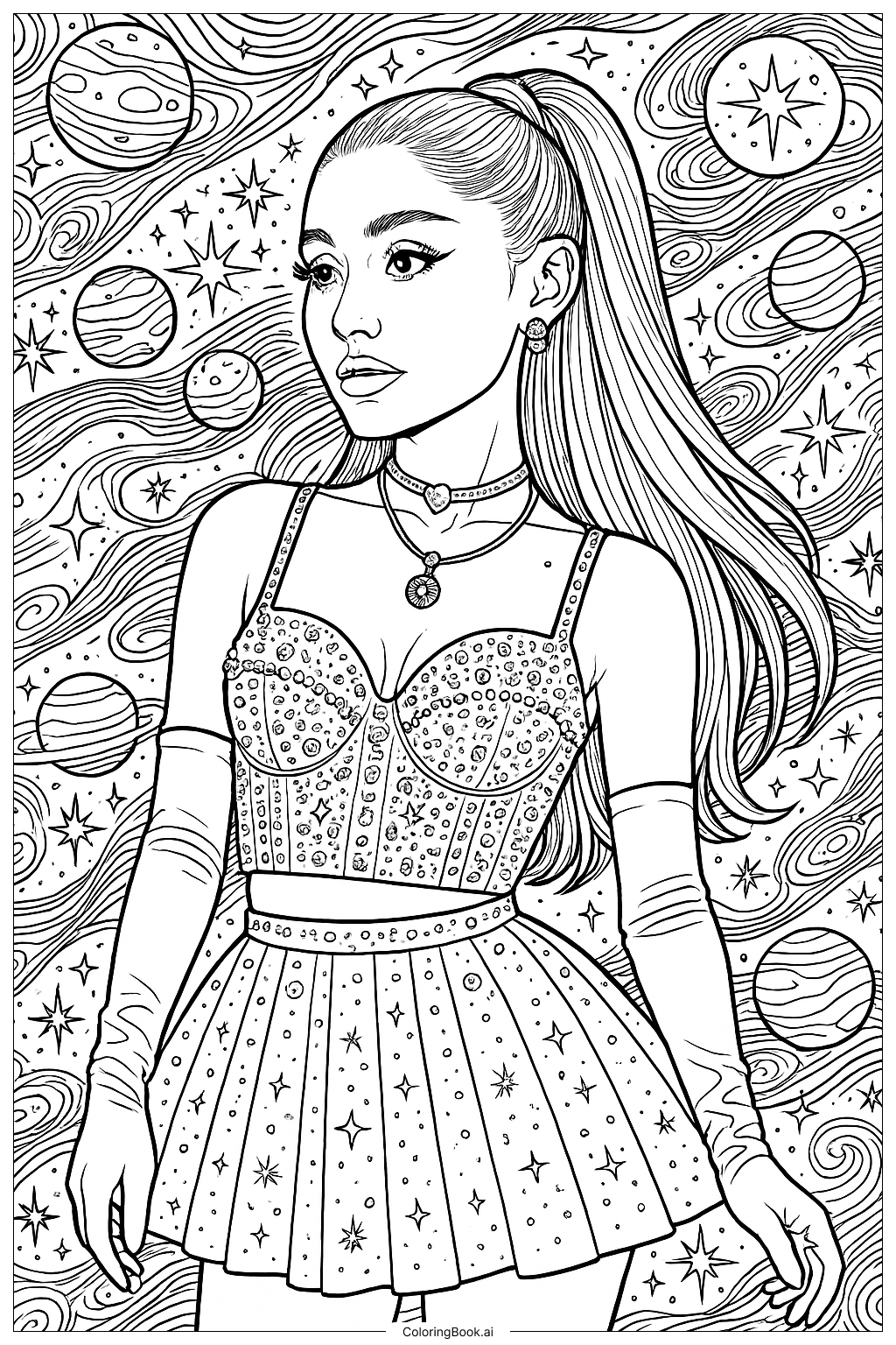  Página para colorear de Ariana Grande en una galaxia de estrellas y planetas 