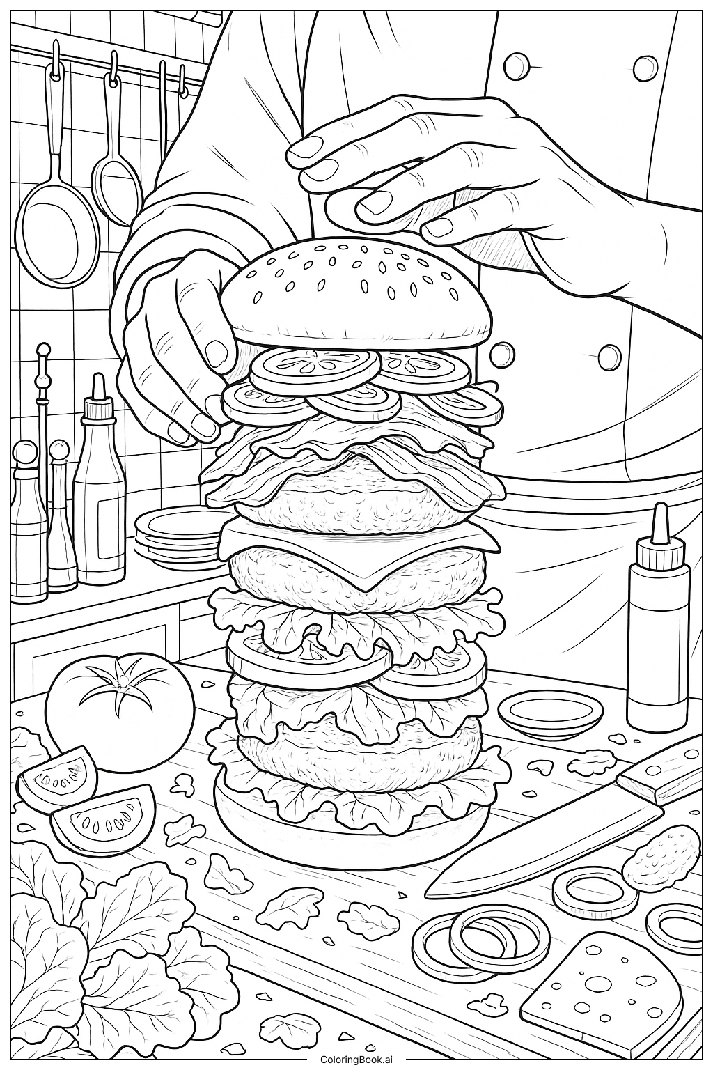  Page de coloriage Construire un hamburger haut en couches 