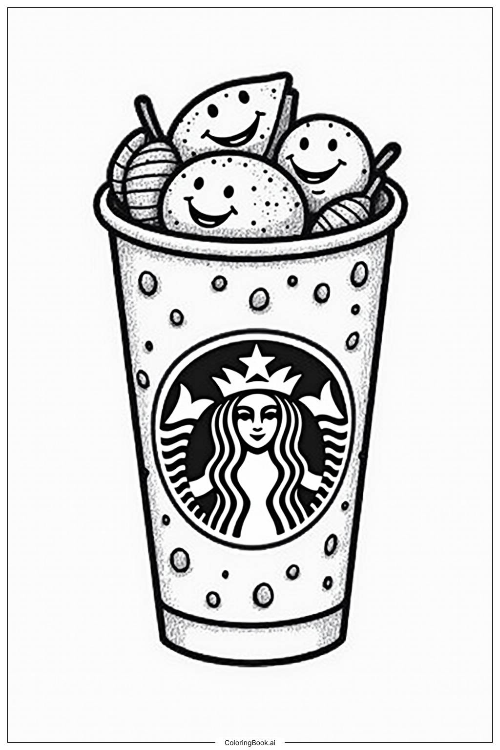  Página para colorir de Copo do Starbucks com Carinhas de Comida Happy 