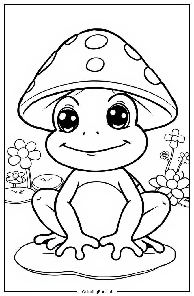  Page de coloriage grenouille avec chapeau de champignon 