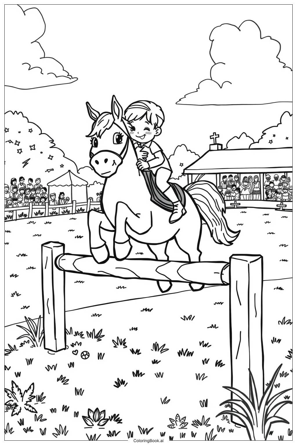  Page de coloriage Saut d'obstacles avec un cheval en action 