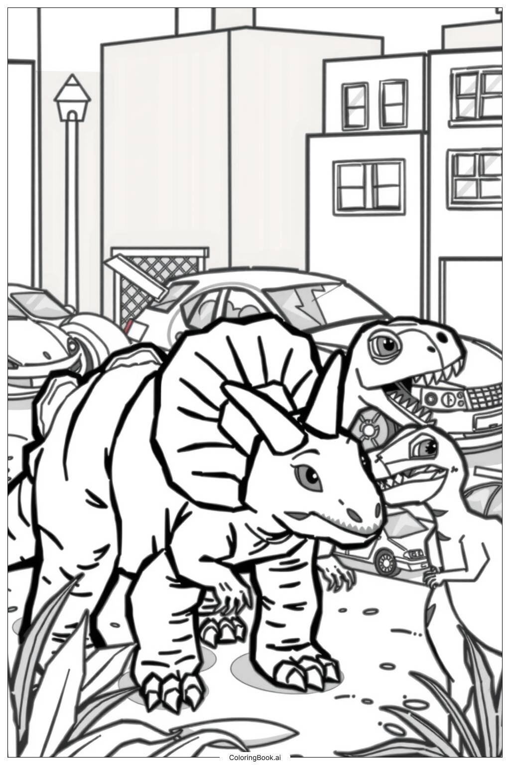  Jurassic World Dinosaurs in Urban Environment Coloring Page 