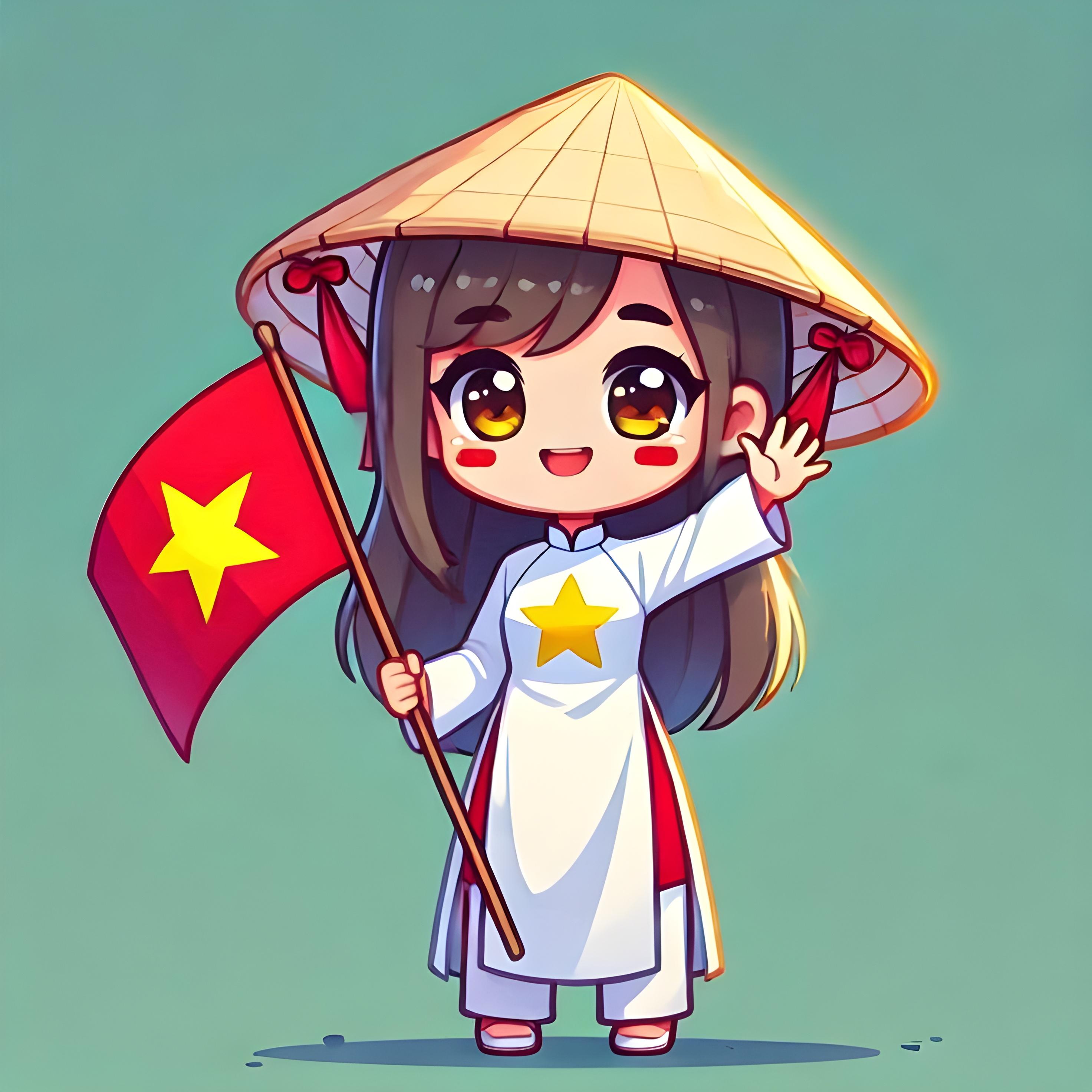 Đứa trẻ vui vẻ trong trang phục truyền thống vẫy cờ có ngôi sao và mũ nón lá đặc trưng của Việt Nam