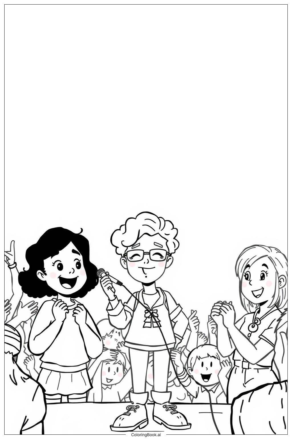  Page de coloriage Fille noire soutenant ses amis lors d'un spectacle 