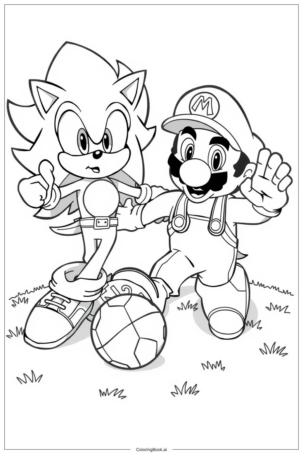  Página para colorir de Sonic e Mario jogando futebol 