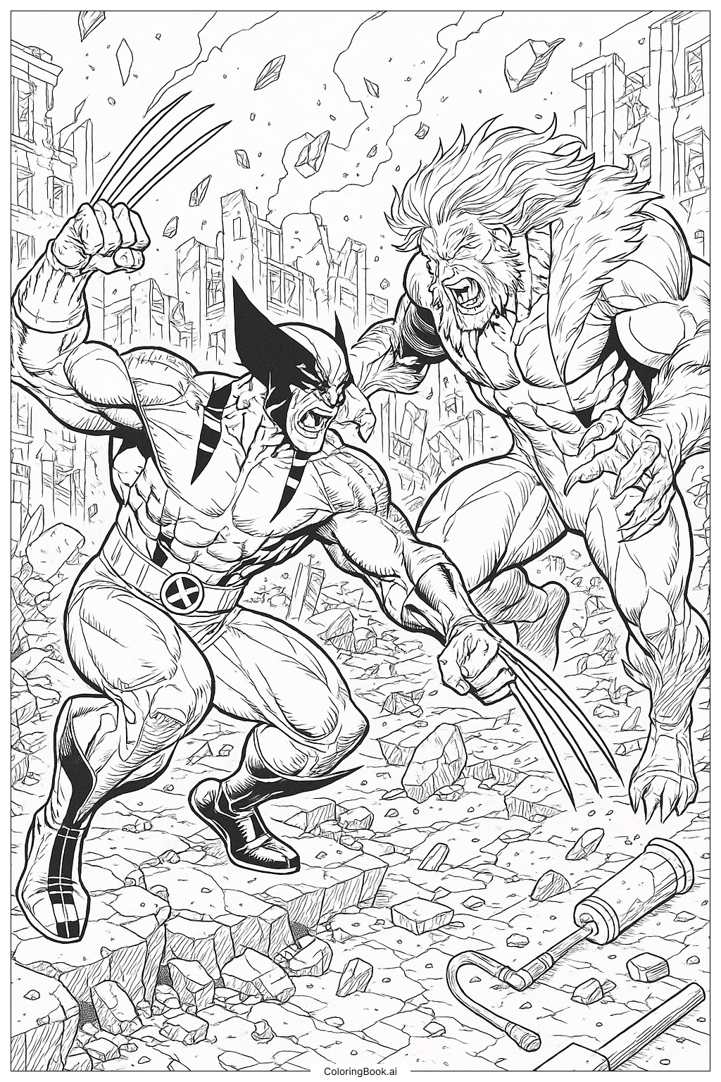  Página para colorear de Lucha Épica entre Wolverine y Sabretooth de X-Men 