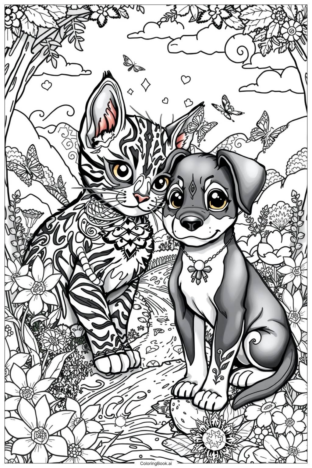  Página para colorir de Aventuras de uma gatinha e sua amiguinha cachorrinha 