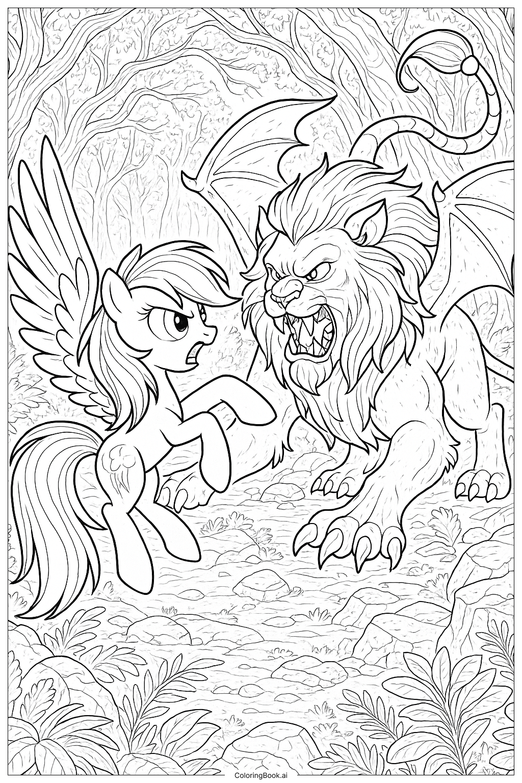  Página para colorear de Rainbow Dash luchando contra un Manticora 