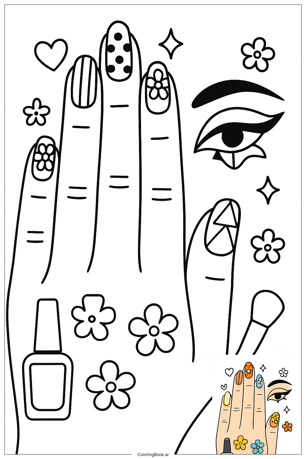  Página para colorear de Arte de Uñas Detallado que Combina Maquillaje de Ojos 