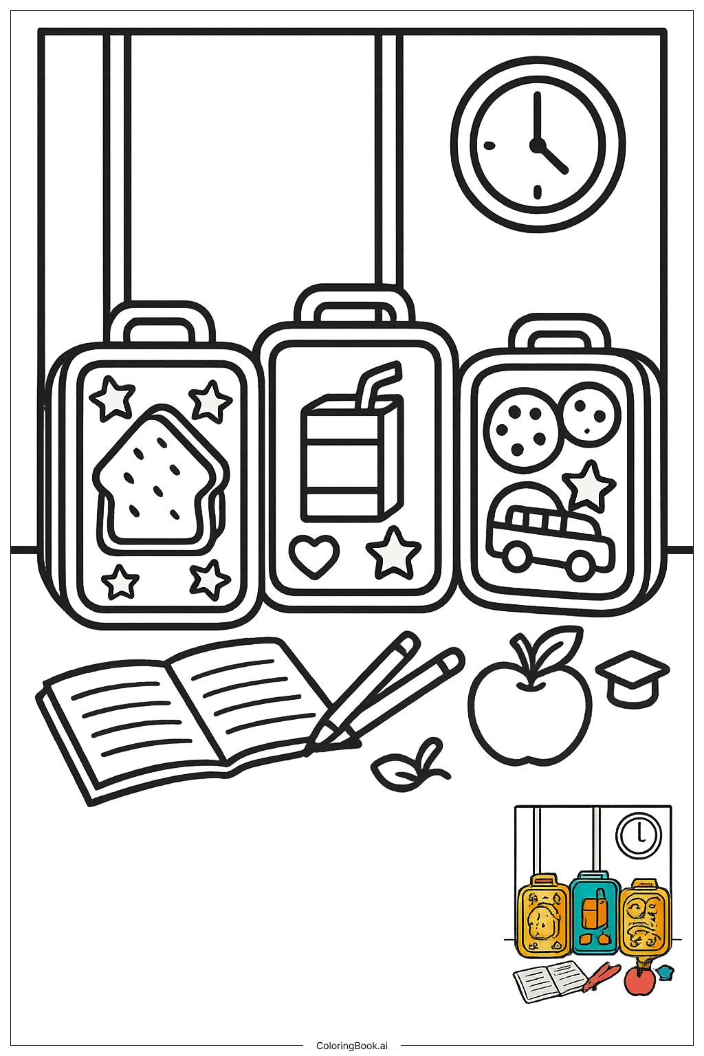  学校の最終日 カラフルなお弁当箱の塗り絵ページ 