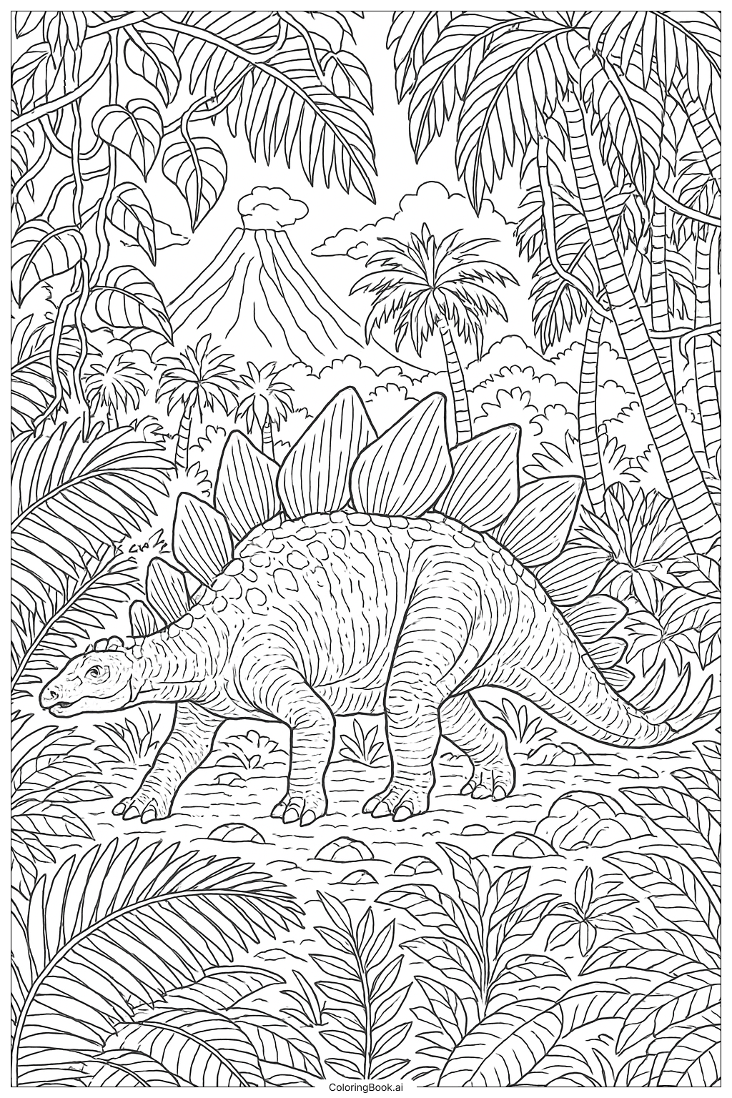Stegosaurus in einem üppigen prähistorischen Dschungel Ausmalseite