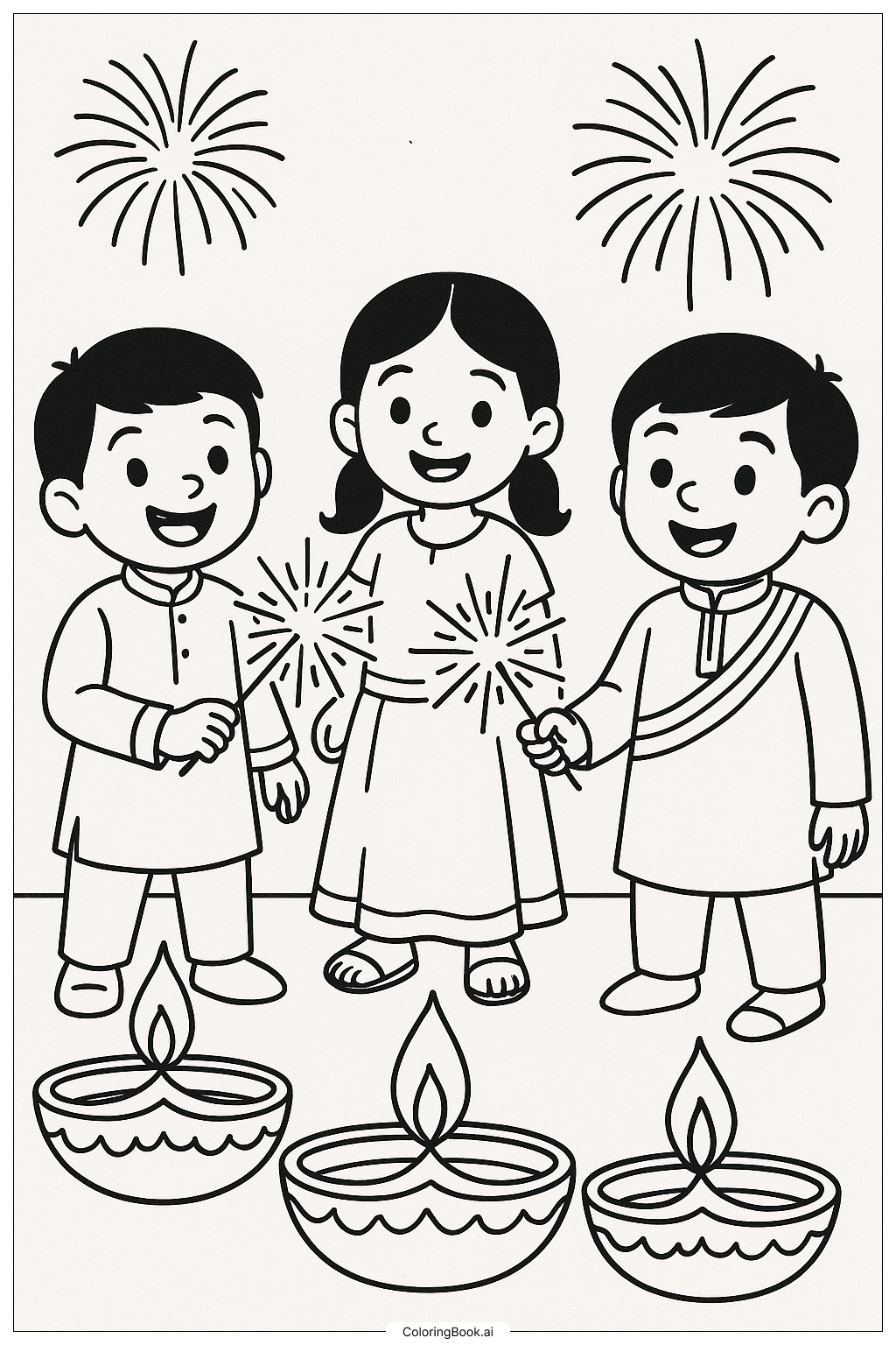 Trang tô màu Trẻ Em Với Pháo Hoa Diwali
