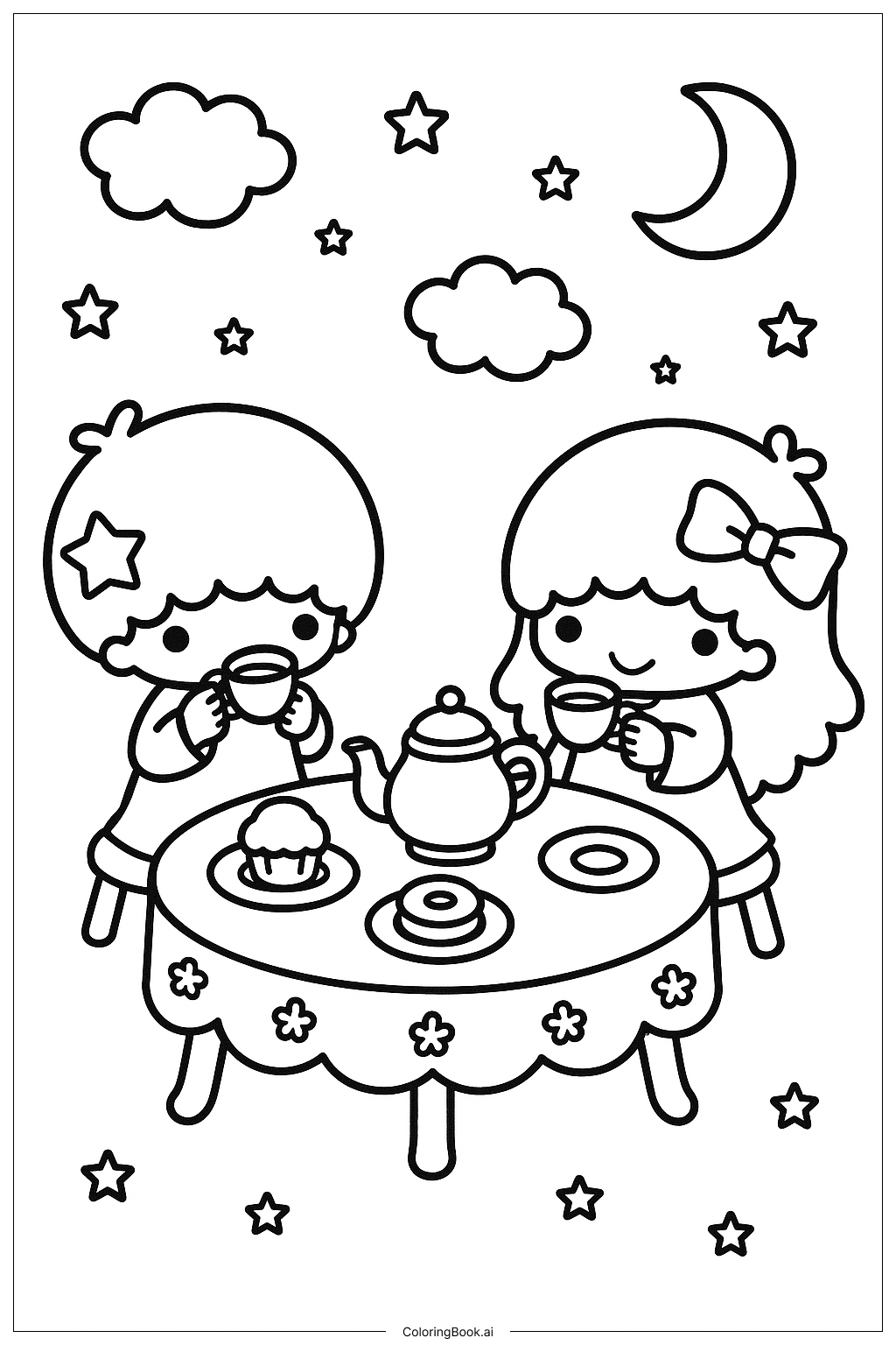 Little Twin Stars Enjoying A Tea Party Coloring Page 