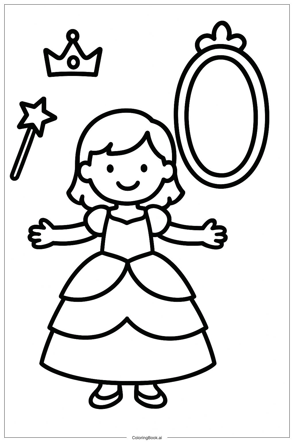  王女のドレスを試着する小さな女の子の塗り絵ページ 
