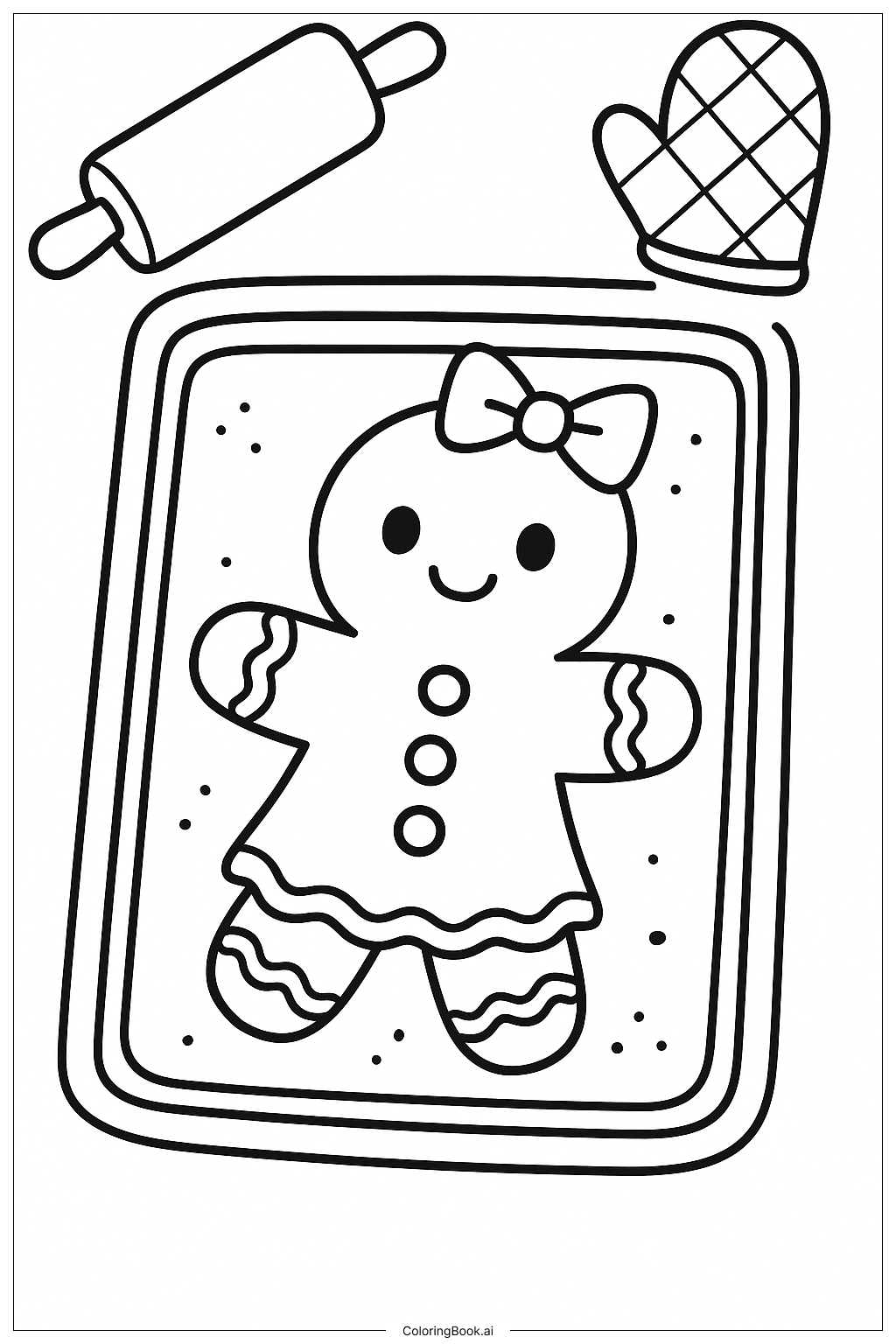 베이킹 트레이 위 생강 쿠키 소녀 색칠하기 페이지 (무료 PDF\u0026PNG 인쇄 가능), image size:1024x1536