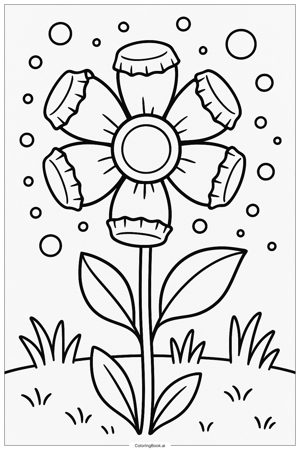 Página para colorear de Una flor mágica de refresco en un jardín