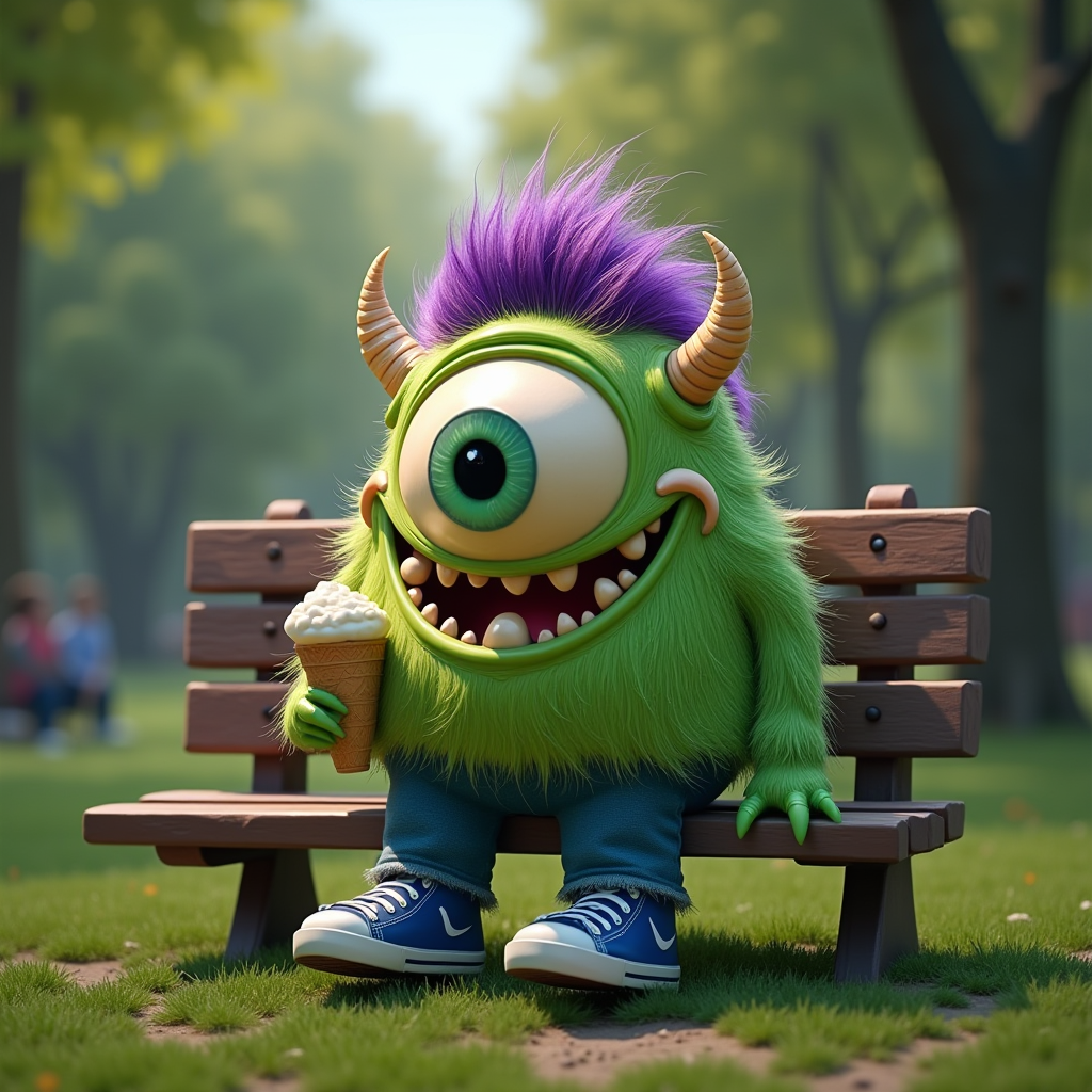 快乐的怪兽在公园长椅上享受冰淇淋