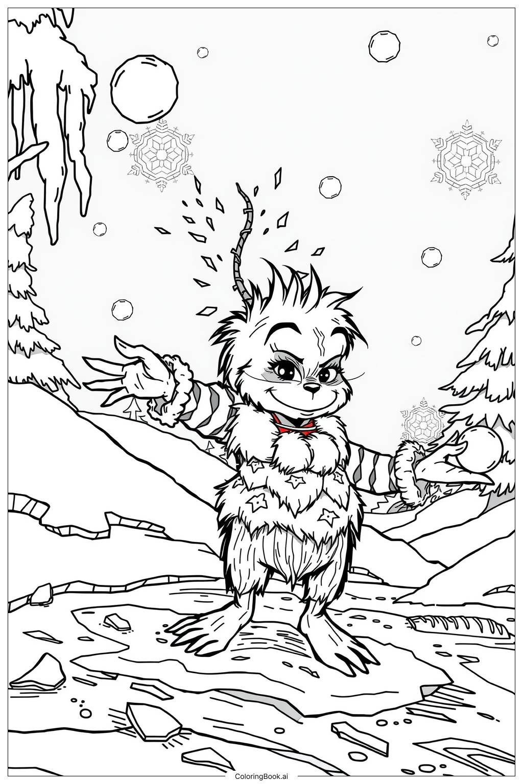  Page de coloriage Bébé Grinch jouant dans la neige 