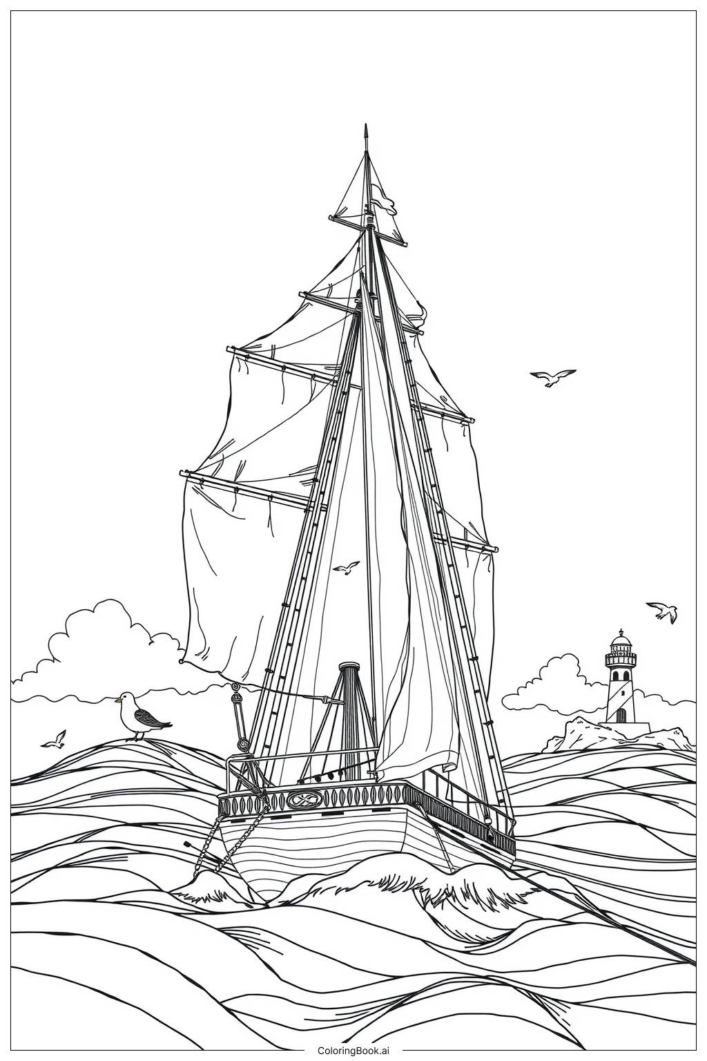  Page de coloriage Bateau à voile avec des voiles gonflées 